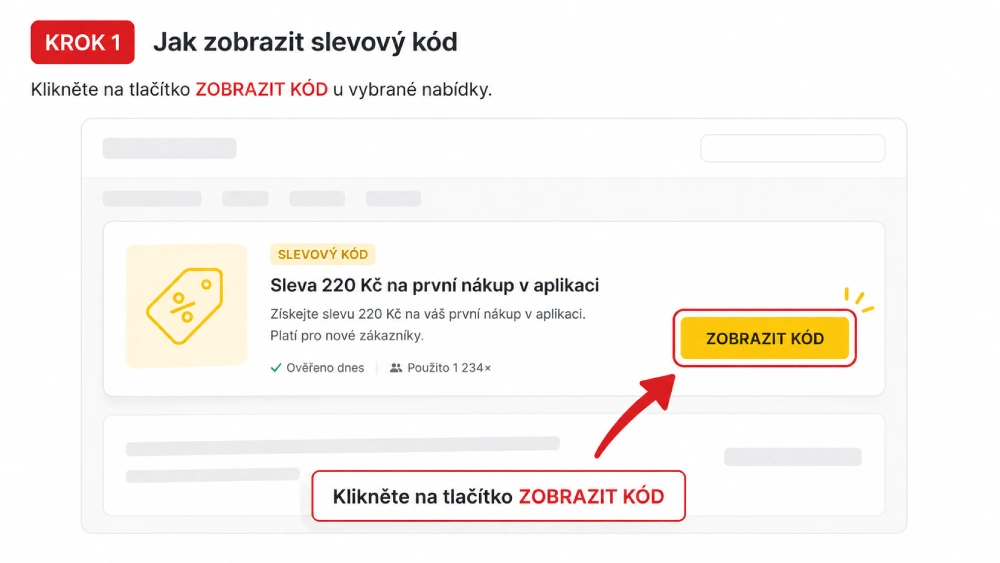Návod, kde kliknout na tlačítko Zobrazit kód pro zobrazení slevového kódu na Crazy-Deals.cz.