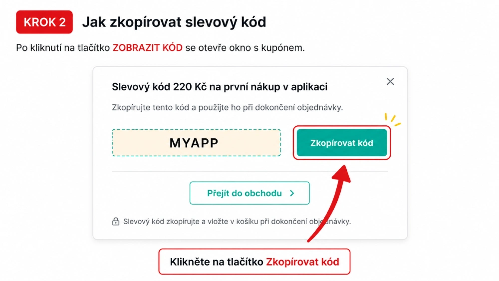 Návod, jak zkopírovat slevový kód z vyskakovacího okna na Crazy-Deals.cz pomocí tlačítka Zkopírovat kód.